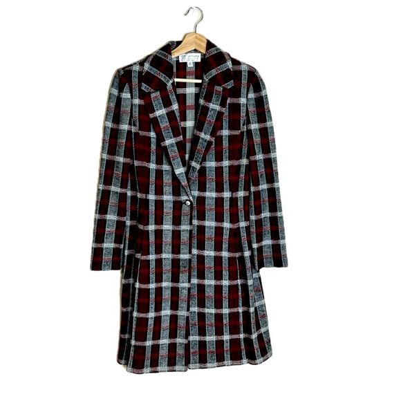 St. John ladies checkered plaid tweed button up long blazer coat size 8 - Picture 1 of 12